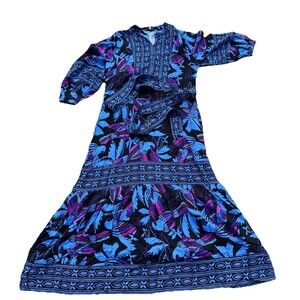 BeOne Celina Moon Tiered Belted Midi Dress Women tropical blue purple NWT Small